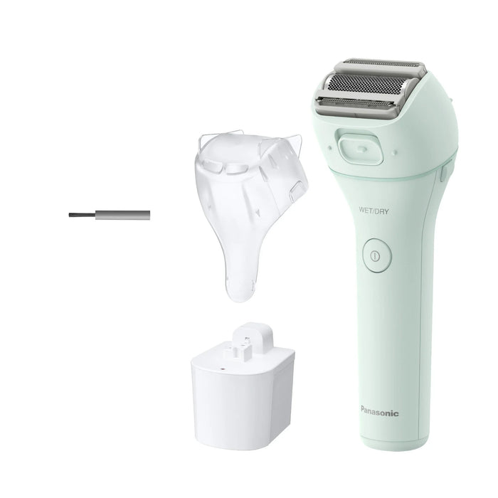 3-Blade Women's Electric Shaver ES-WL60-G with accessories including trimming attachment, cleaning brush, charging stand, and carrying pouch