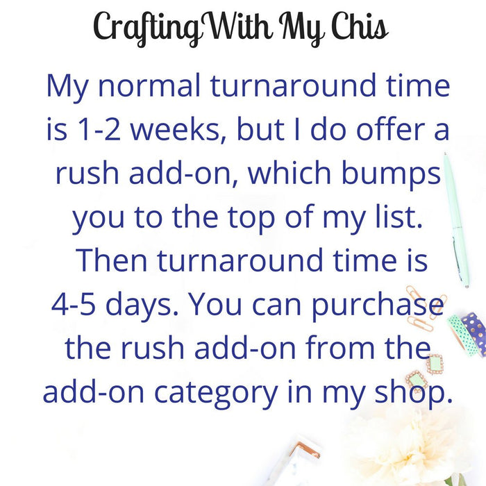 Turnaround time is 1-2 weeks. Rush option available