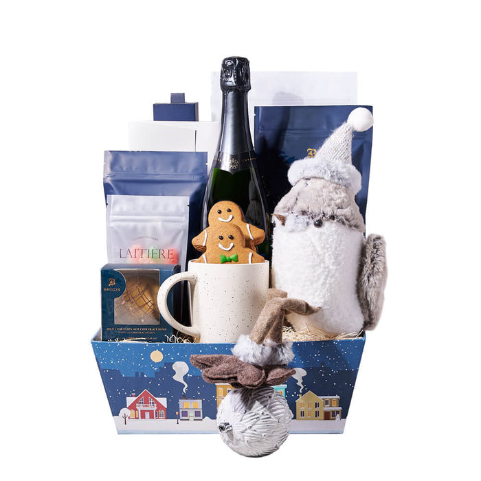 Christmas Sparkling Wine Gift Tray with Plush Sparrow and Sweets – gift basket with bottle of sparkling wine, 2 gingerbread man cookies and grey