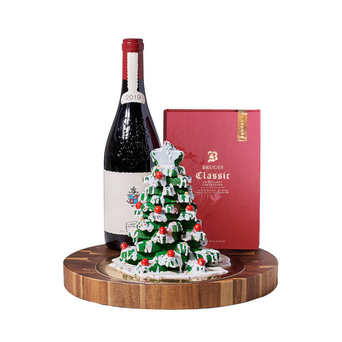 Christmas Wine Gift Basket with Bruges Milk Chocolate and Cookie Tree – gift basket with bottle of wine, bruges book red and christmas cookie tree