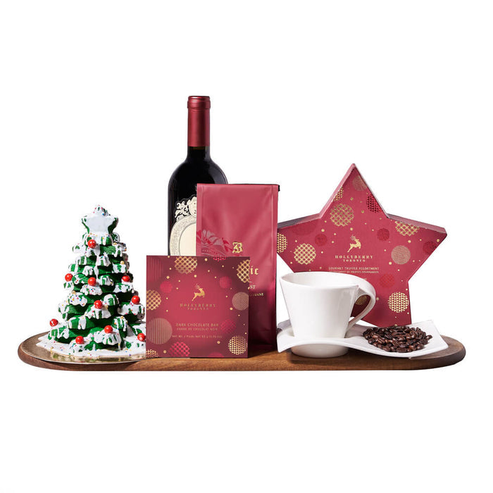 Christmas Wine Gift Set with Coffee, Truffles, and Serving Board – gift basket with bottle of wine, hollyberry gourmet truffle assortment star box