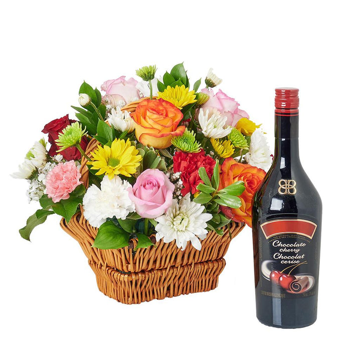 Deluxe Vodka Gift Basket with Floral Arrangement – gift basket with bottle of vodka