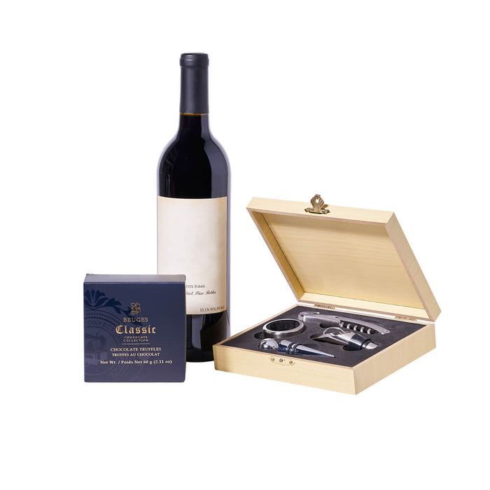 Deluxe Wine and Bruges Classic Chocolate Truffles Gift Basket – gift basket with bottle of wine, bruges assorted individual wrapped chocolates - blue