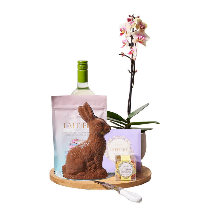 Easter Wine Gift Basket Featuring Phalaenopsis Orchid and Gourmet Chocolates – gift basket with bottle of wine, traditional sitting milk chocolate