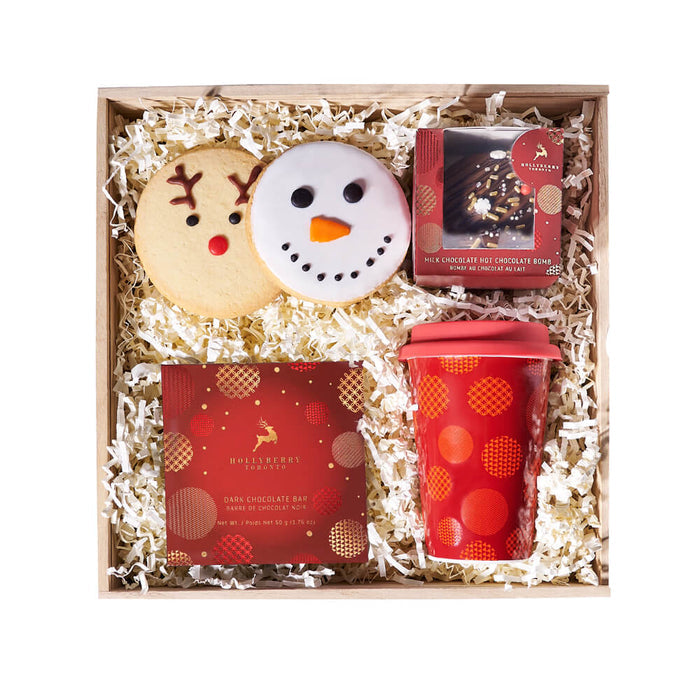Elegant Christmas Gift Box with Hot Chocolate and Cookies – gift basket with snowman face sugar cookie, reindeer sugar cookie and hollyberry milk