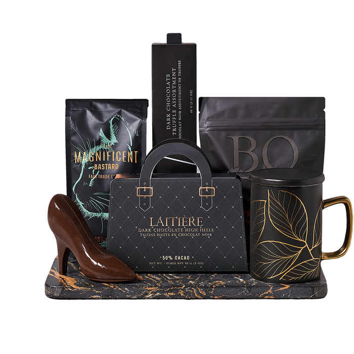 Elegant Gourmet Gift Set Featuring Dark Chocolate Treats and Marble Board – gift basket with laitiere dark chocolate high heels, boss dark chocolate