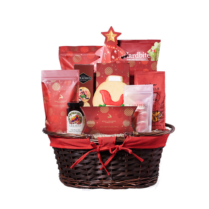 Elegantly Presented Christmas Gourmet Basket in Oval Wicker – gift basket with capeachio's multigrain wheat cracker, oval wicker basket with double
