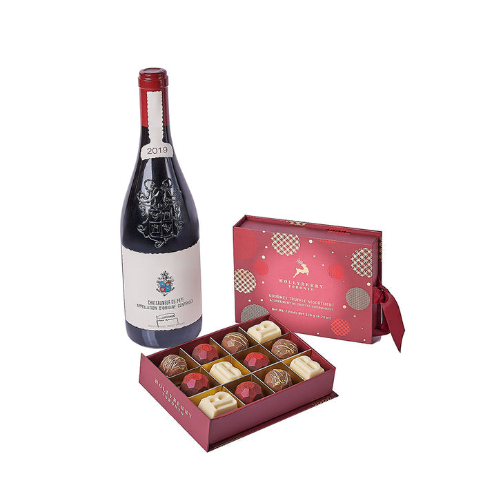 Festive Red Wine with Assorted Chocolate Truffles Gift Basket – gift basket with wine and hollyberry gourmet truffle assortment book box
