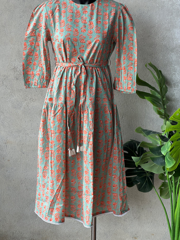 Floral printed calf length cotton gown