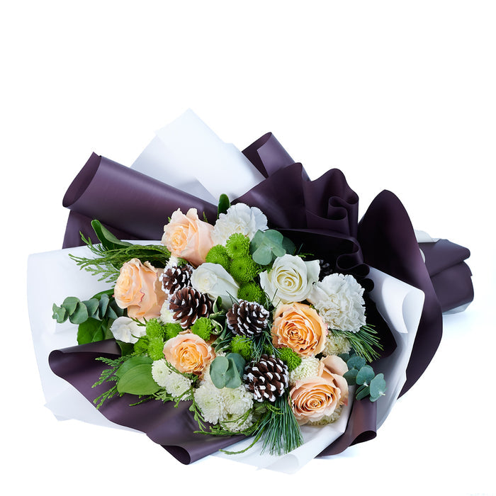 Holiday Roses and Chrysanthemums Bouquet with Pine Cones – the bouquet