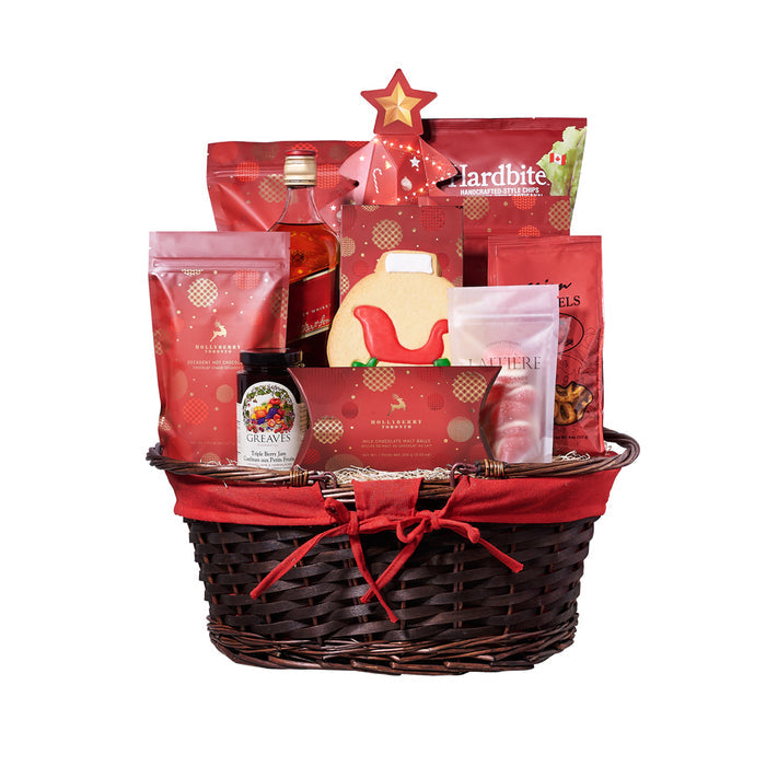 Holiday Season Liquor and Gourmet Gift Basket in Oval Wicker – gift basket with bottle of whiskey, oval wicker basket with double handles and red