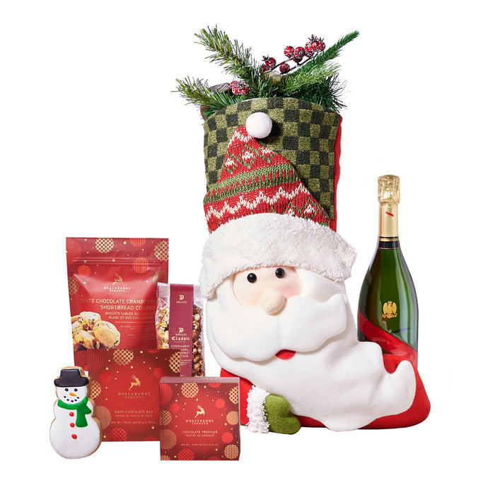 Holiday Sparkling Wine Gift in Checkered Santa Christmas Stocking – gift basket with bottle of sparkling wine, hollyberry dark chocolate envelope bar