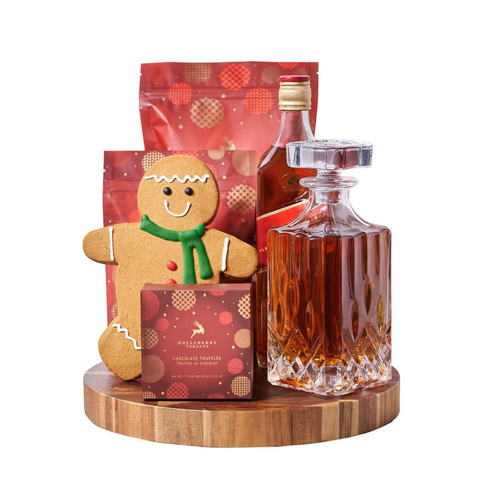 Holiday Whiskey Gift Set with Gingerbread Man, Decanter, and Cutting Board – gift basket with bottle of whiskey, gingerbread man cookie