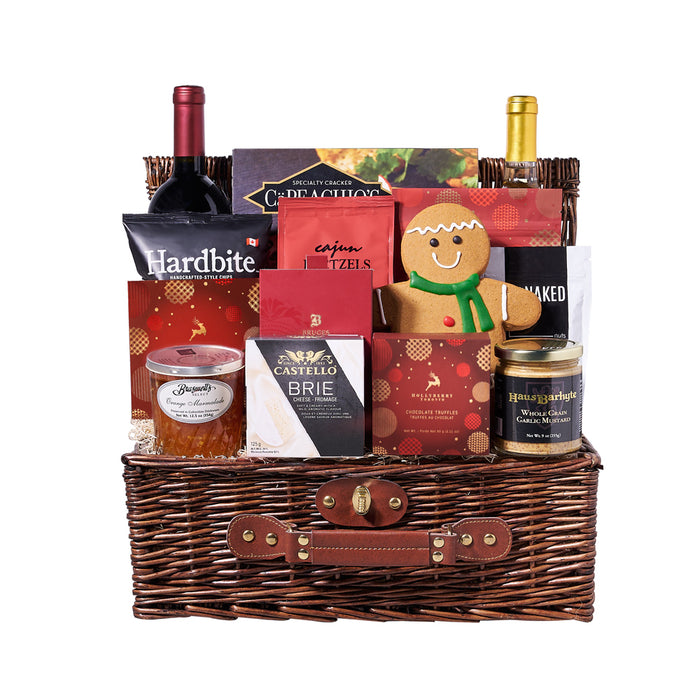 Holiday Wine and Gourmet Treats Gift Basket with Two Bottles of Wine – gift basket with two bottles of wine, castello brie and hollyberry assorted