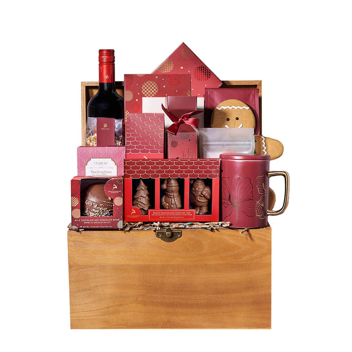 Holiday Wine Gift Basket with Gourmet Chocolates and Tea in Wooden Treasure Box – gift basket with bottle of wine, hollyberry gourmet truffle