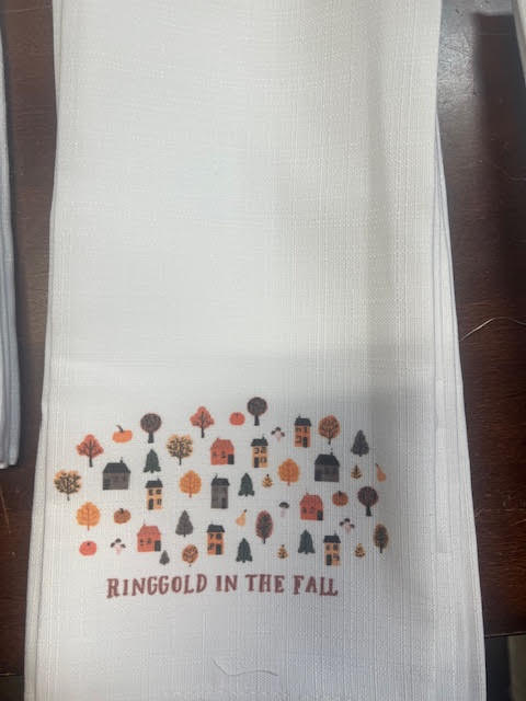 Hometown in the Fall Houses Tea Towel