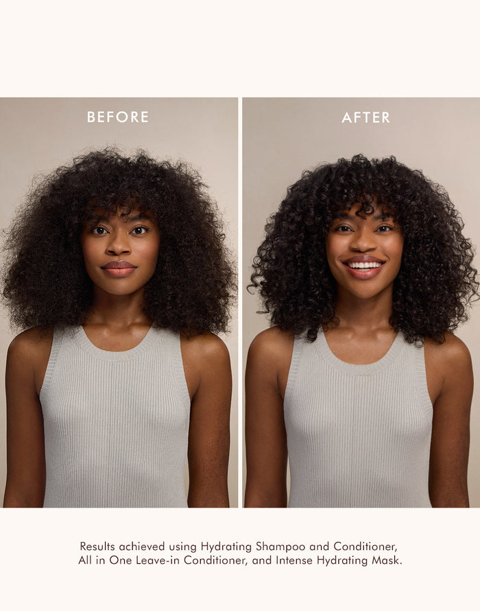 Before and after comparison of a woman with natural curly hair, showing improved curl definition and hydration after using Hydrating Conditioner | Moroccanoil.