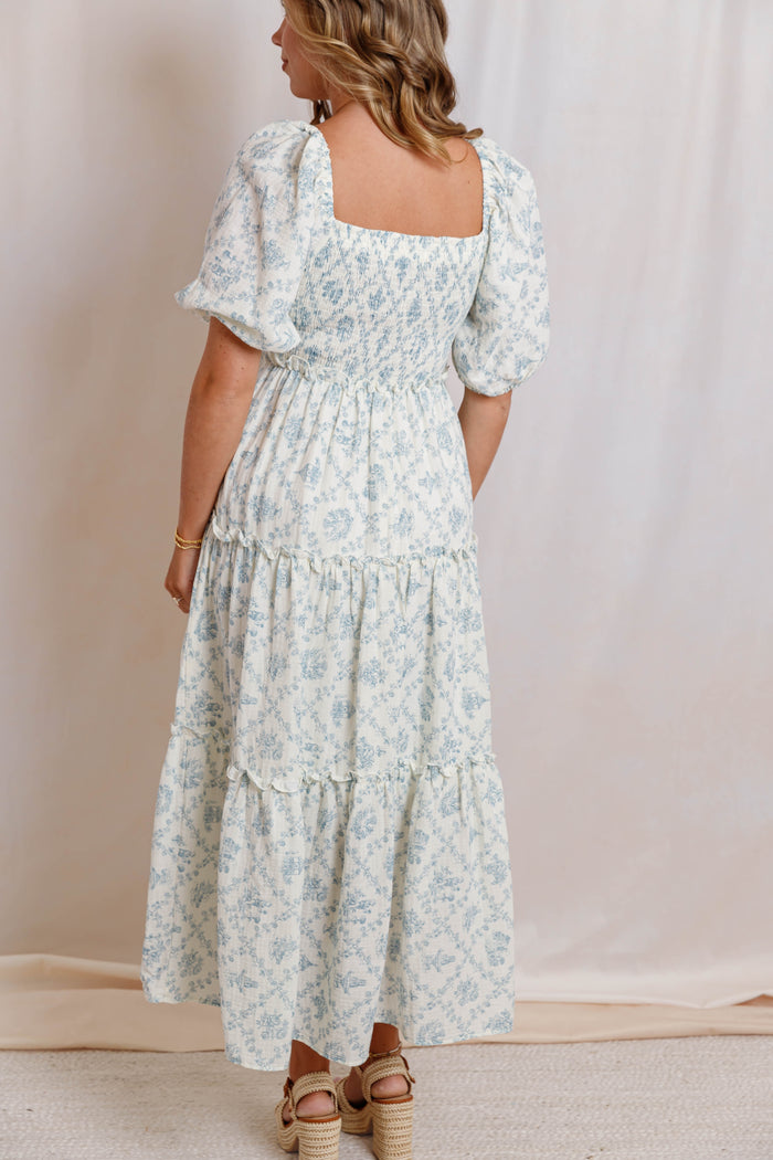 Blue and Ivory Floral Cotton Midi Dress- Women's Conservative Dresses