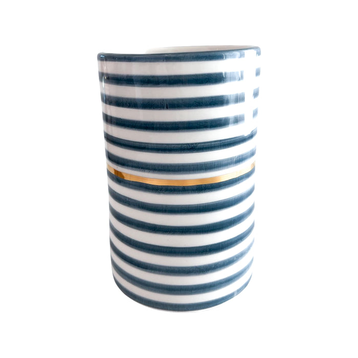 blue striped handmade moroccan vase with gold detail