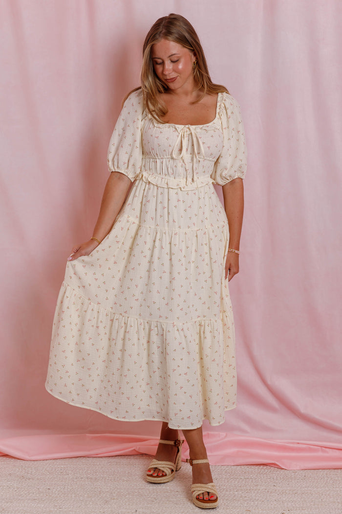 Women's Bow Print Midi Dress- Cream Floral Cotton Dress- Cottagecore Midi Dress