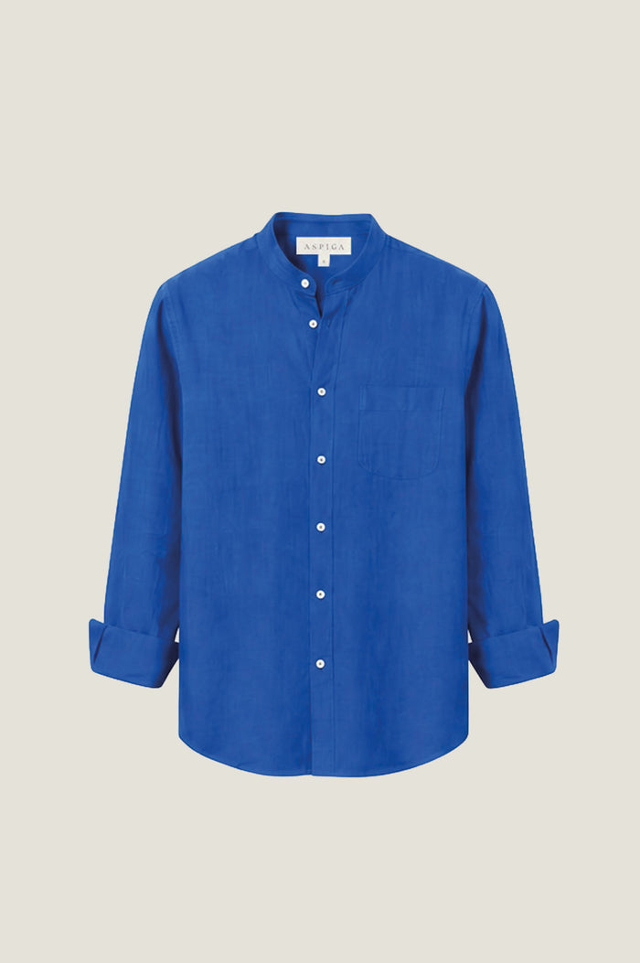 Men's Nehru Collar Linen Shirt | Cobalt Blue - Aspiga