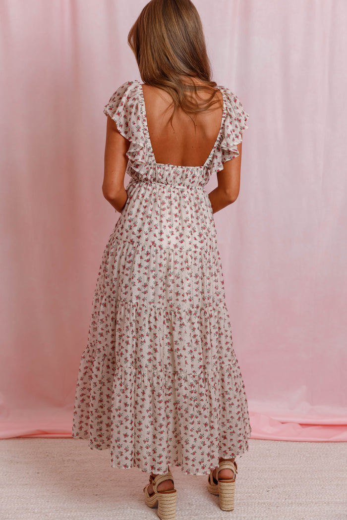 Red Floral Flutter Sleeve Midi Dress- Women's Empire Waist Dress- Mable Dresses