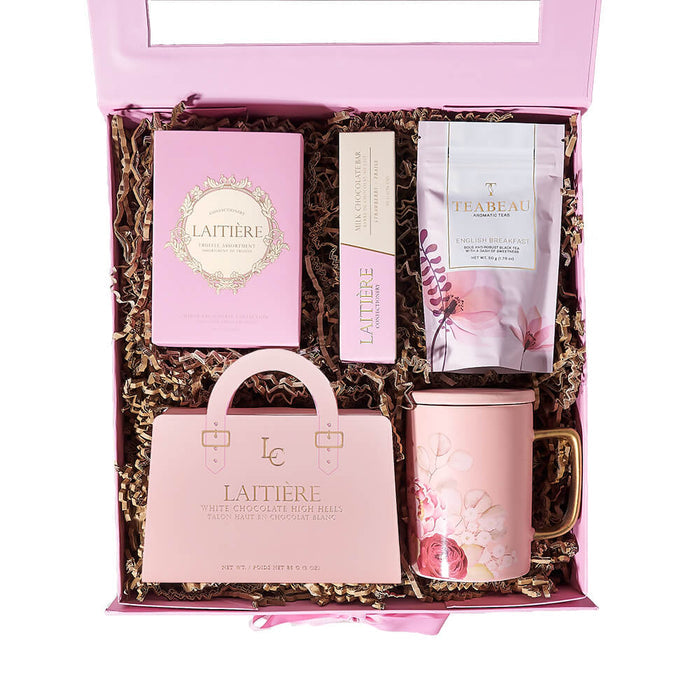 Pink Floral Gift Box with Gourmet Chocolates and Tea – gift basket with laitiere white chocolate high heels, laitiere white truffle assortment - 6pcs