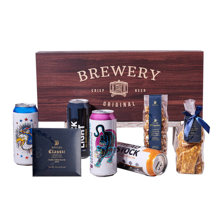 Premium Craft Beer with Gourmet Treats Gift – gift basket with 4 craft beers, bruges peanut brittle and bruges coffee caramel gourmet popcorn - small