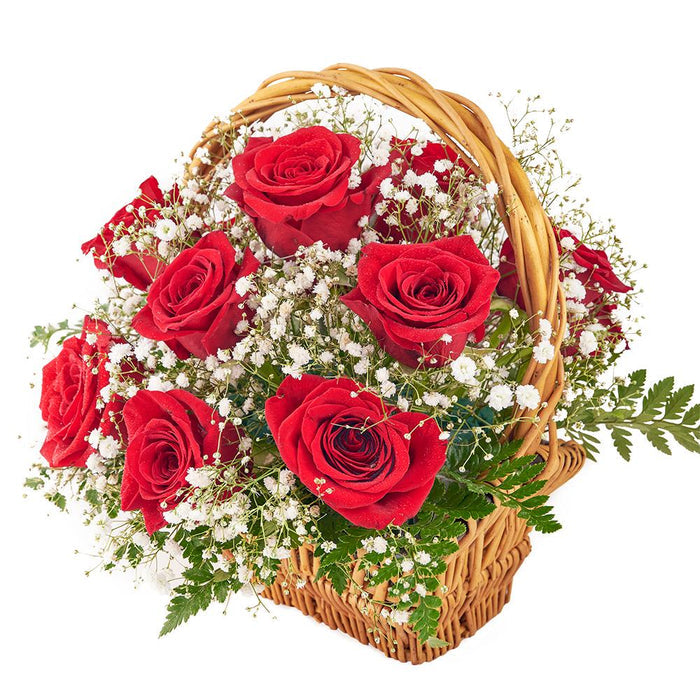 Premium Red Rose Basket Bouquet – gift basket with featuring classic and lovely red roses and this bouquet includes a bunch of red roses