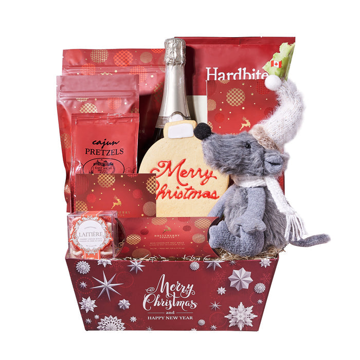 Seasonal Sparkling Wine Gift Basket with Holiday Plush Mouse – gift basket with bottle of sparkling wine, hollyberry white chocolate peppermint