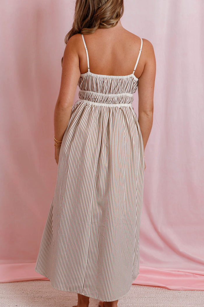 Striped Tie Front Pocket Midi Dress- Women's Stripe Midi Dress- Women's Fall Dresses