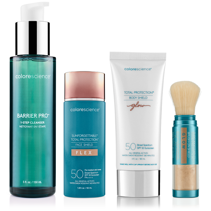 Summer Must Have Bundle, Barrier Pro™ 1-Step Cleanser, Sunforgettable® Total Protection® Face Shield Flex SPF 50, Total Protection® Body Shield Glow SPF 50 and Sunforgettable® Total Protection® Brush-On Shield Glow SPF 50 || all