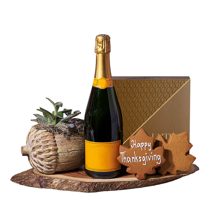 Thanksgiving Sparkling Wine Gift Set Featuring Succulent Plant Arrangement – gift basket with bottle of sparkling wine, happy thanksgiving leaf