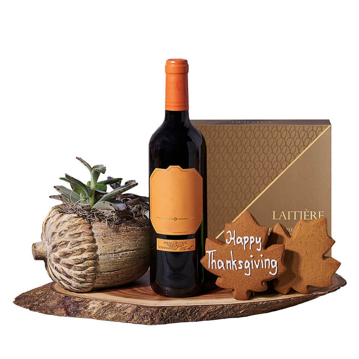 Thanksgiving Succulent Plant and Red Wine Gift – gift basket with bottle of wine, happy thanksgiving leaf cookie and fall leaf cookie