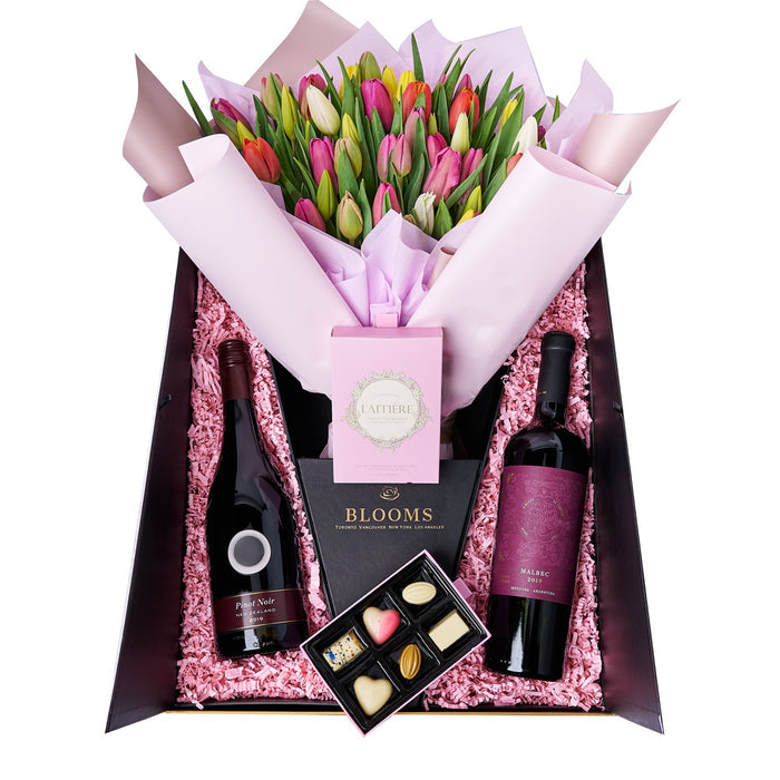 Two-Bottle Wine Gift with 50 Tulips Presented in Flower Box – gift basket with this impressive gift includes a large tulip bouquet and this beautiful
