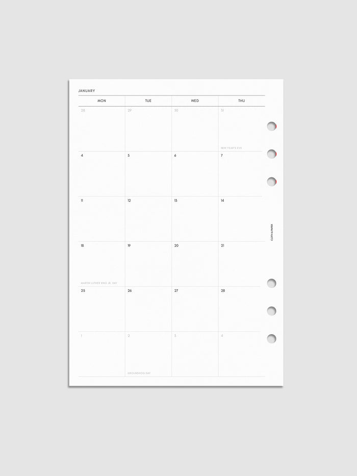 2027 Dated Monthly Planner Inserts Monday Start, left page showing two-page monthly calendar spread with Monday start, notes column along the far right, and mini calendars in the bottom right corner