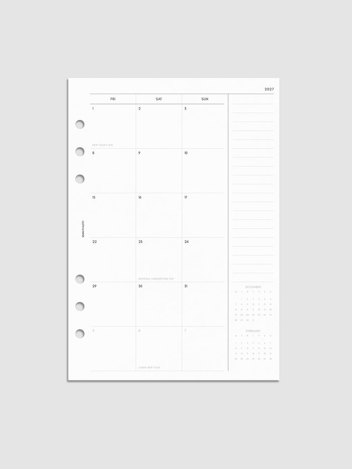 2027 Dated Monthly Planner Inserts Monday Start, right page showing two-page monthly calendar spread with Monday start, notes column along the far right, and mini calendars in the bottom right corner