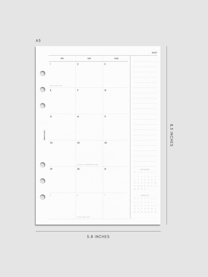 2027 Dated Monthly Planner Inserts, Monday Start, A5 6-Ring Punch, right page of two-page monthly calendar spread with notes column and mini calendars in the bottom right corner shown inside a planner