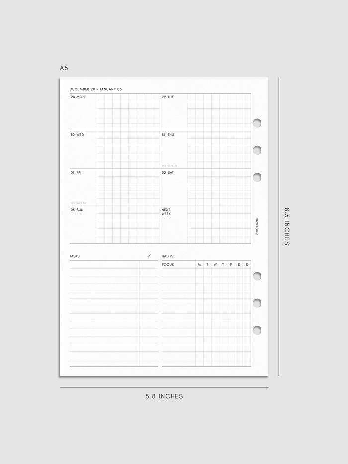 Digital mockup of the left page of the 2027 Dated Weekly Admin insert in A5 6-Ring Punch size, showing the weekly overview with sections for tasks and habit tracking