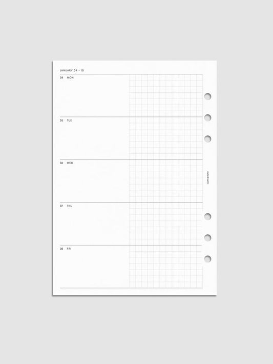 Mockup of the 2027 Dated Weekly Horizontal Planner Inserts | Monday Start's left page shown in size A5 6-Ring Punch.