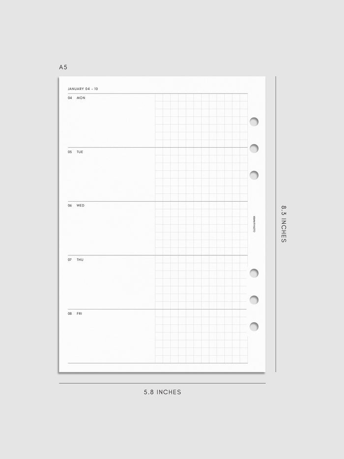 Mockup of the 2027 Dated Weekly Horizontal Planner Inserts | Monday Start's left page shown in size A5 6-Ring Punch.