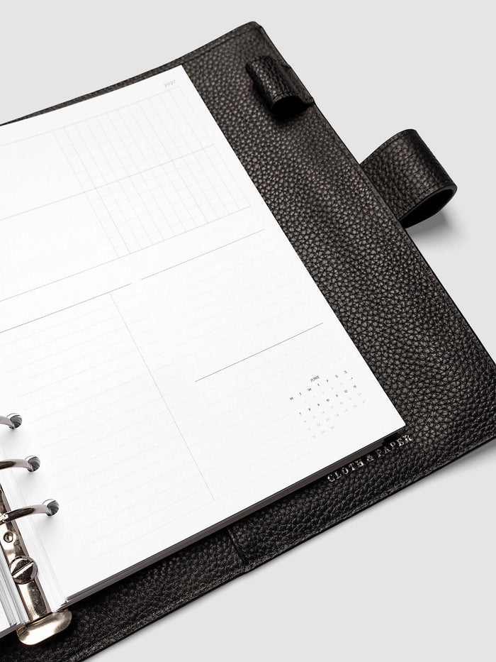 Close-up of the bottom of the right page of the 2027 Dated Weekly Horizontal Monday Start insert in A5 6-Ring Punch size, showing the lower tasks and notes columns and mini monthly calendar in the bottom right corner