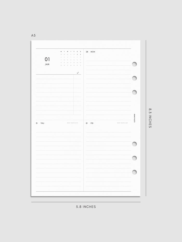 2027 Dated Weekly Vertical Planner Inserts, Monday Start, A5 6-Ring Punch, left page of weekly spread showing a two-column two-row daily grid with mini monthly calendar and task list alongside Monday and lined sections throughout