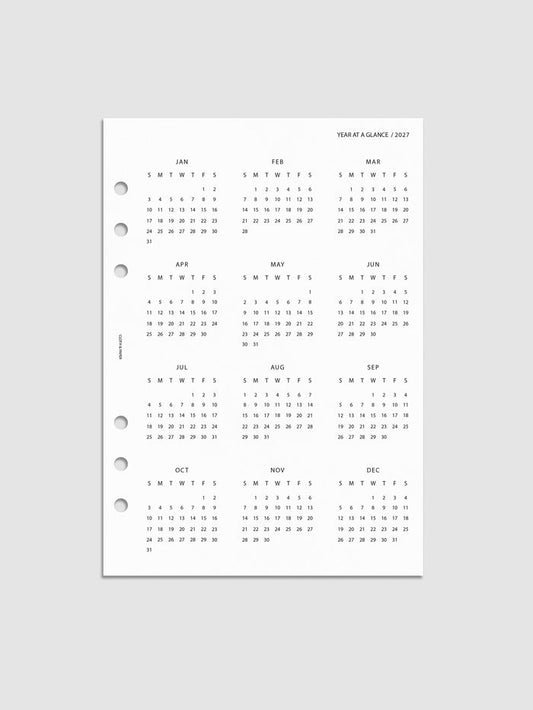 2027 Year At A Glance Dashboard Sunday Start, A5 6-Ring Punch, translucent vellum dashboard printed with a full 2027 year-at-a-glance calendar in Sunday-start format