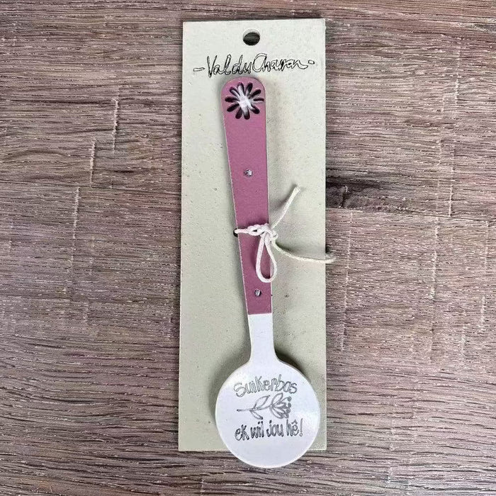 Enamel sugar spoon with wooden handle and laser engraved Suikerbos Ek Wil Jou He design