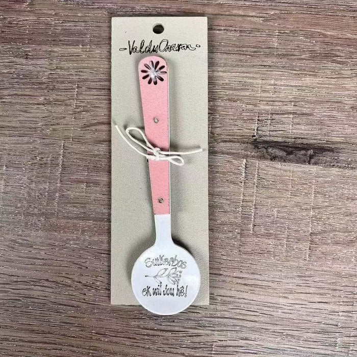 Enamel sugar spoon with wooden handle and laser engraved "Suikerbos Ek Wil Jou He" design