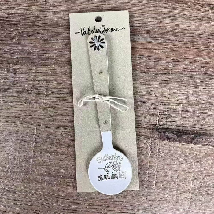 Enamel sugar spoon with wooden handle and laser engraved Suikerbos Ek Wil Jou He design