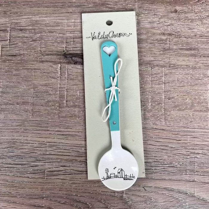 Enamel sugar spoon with wooden handle and farmhouse heart engraving
