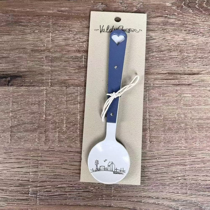 Enamel sugar spoon with wooden handle and farmhouse heart engraving