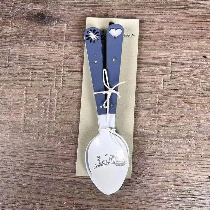 Enamel teaspoon set with wooden handles and farmhouse engraving